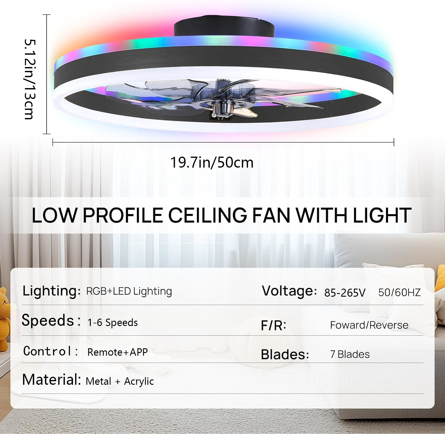 Smart Home Ventilation System - RGB slimme plafondventilatorlamp 6-snelheden ventilator +
